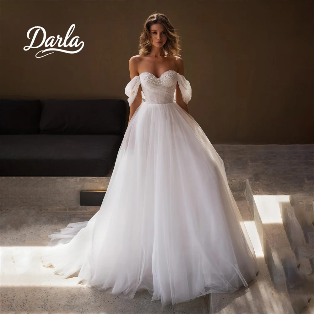 

Darla Customized Sweetheart Beading Pearls Off Shoudler A-Line Wedding Dress Sweep Train Tulle 2025 Backless Morden Elegant