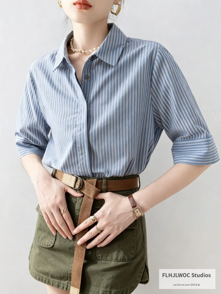 

Cotton Blends Blue Stripe Tops Blouse 2026 Summer Short Sleeve Women Retro Chic Korea Japan Girls Preppy Style Basic Shirts