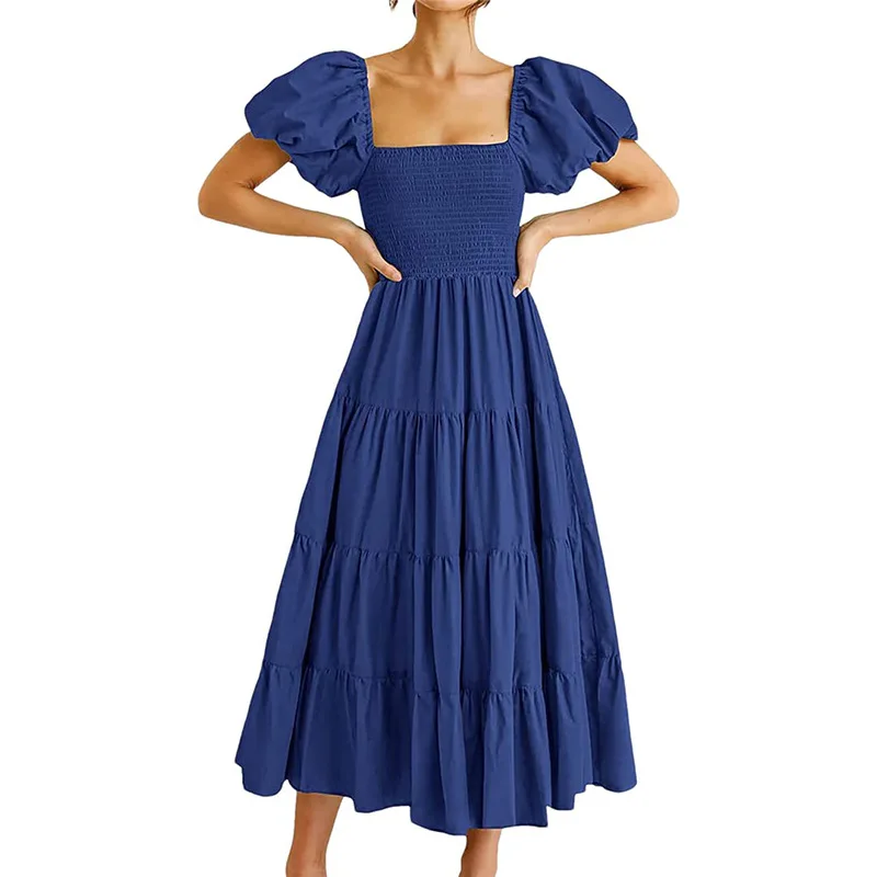 Abito lungo da donna a maniche corte con sbuffo estivo, collo quadrato, smock, volant a strati, linea ad A, abiti da spiaggia lunghi e fluidi