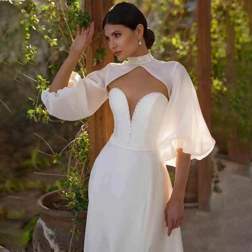 

vestidos de novia Modest Off the Shoulder Satin 3/4 Puff Sleeve Wedding Dress for Women A-line Court Button Wedding Prty Gown