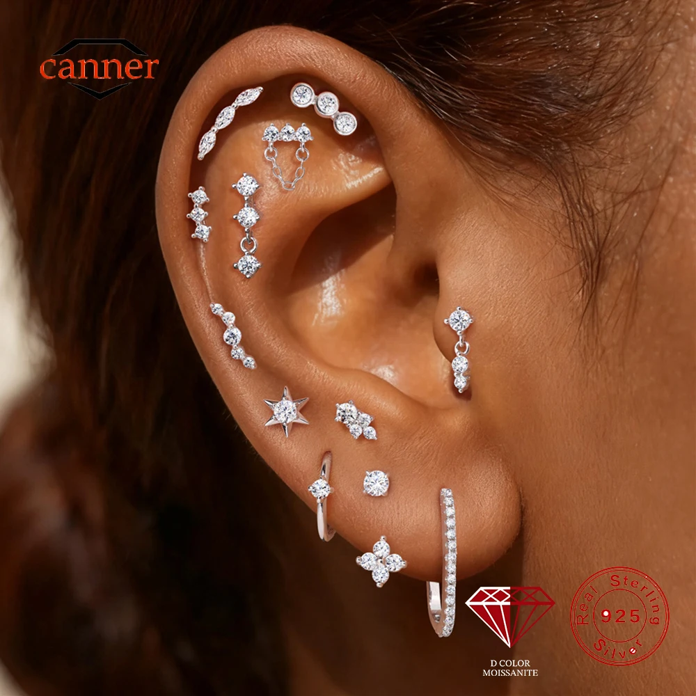 

CANNER 1PC Classic Moissanite 925 Sterling Silver Flat Head Ear Bone Puncture Earring Women Six-pointed Star Earring Jewelry