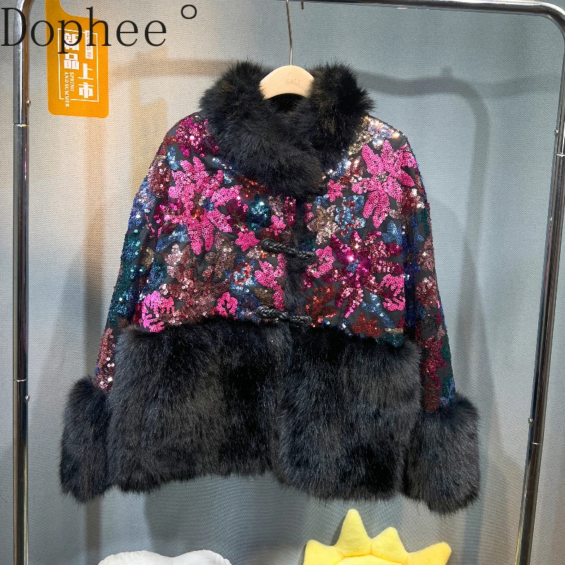 

New Chinese Wind Mink Fur Fluffy Jacket Coat Women 2024 Winter Warm Outerwear Sequins Embroidery Loose Faux Fur Overcoat Elegant