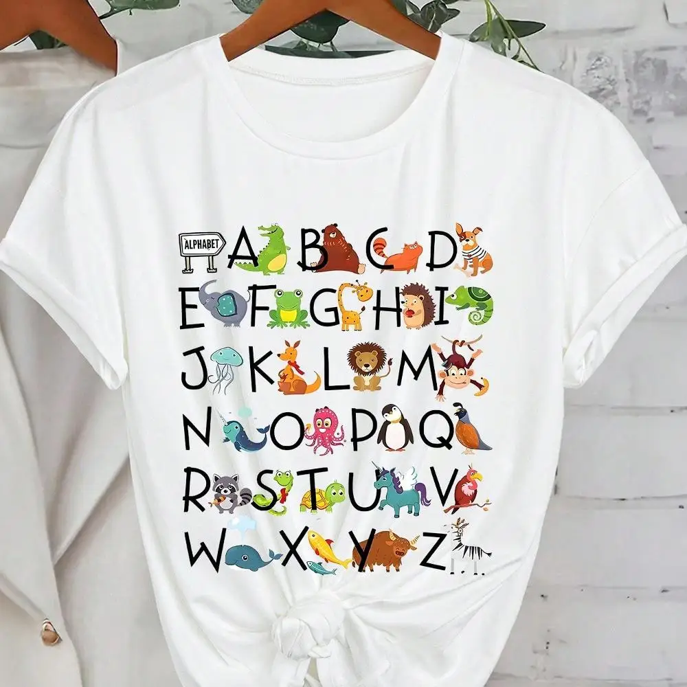 Women s Cartoon Animal Letter Printed Short Sleeve T-Shirt, Summer Graphic Tees Women Tops
