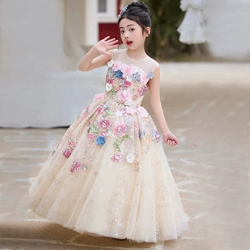 

White Flower Girl Wedding Dress for Kids Princess Tulle Gown with Sequins Luxury Birthday Party Evening Dresses Girls Clothes