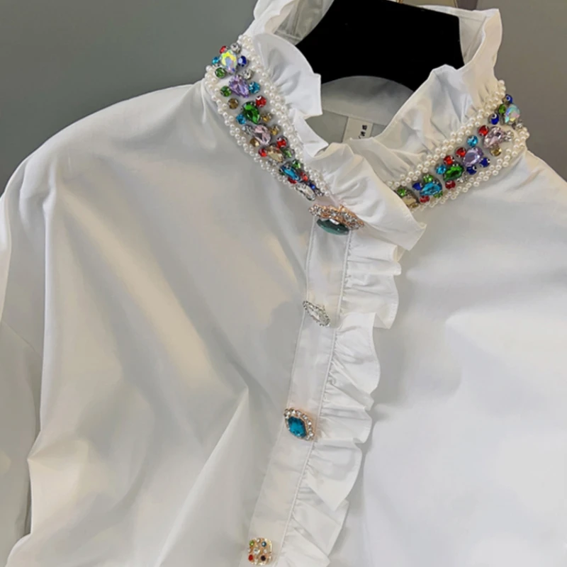 Women Colorful Diamonds Beaded White Ruffles Shirts Stand Collar Gemstones Blouses OL Crystal Single Breasted OL Cardigan Tops