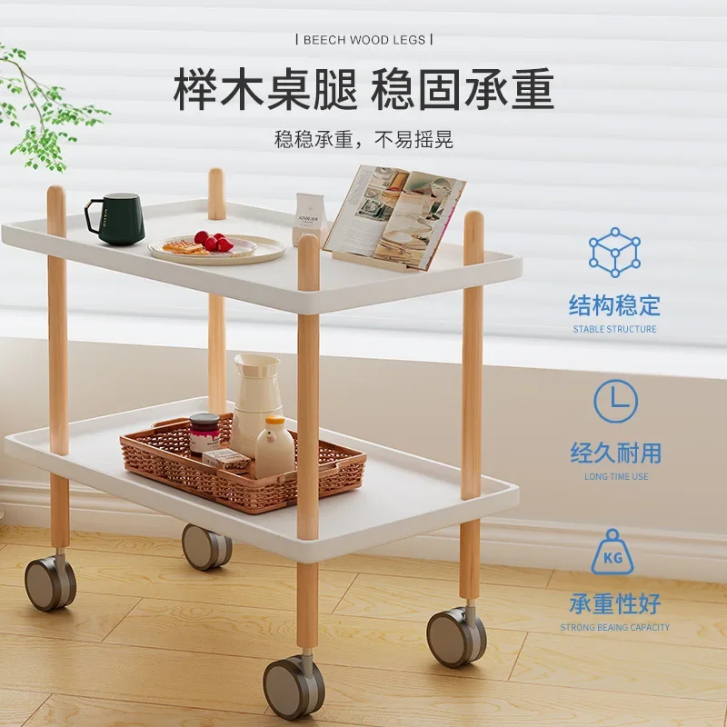 Nordic Style Mobile Trolley With Rollers Living Room 2 Layers Mobile Storage Rack Trolleys Multifunction Kitchen Solid Wood Cart