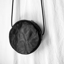Retro black fashion trend 100% leather Korean round shoulder cowhide soft leather round bag