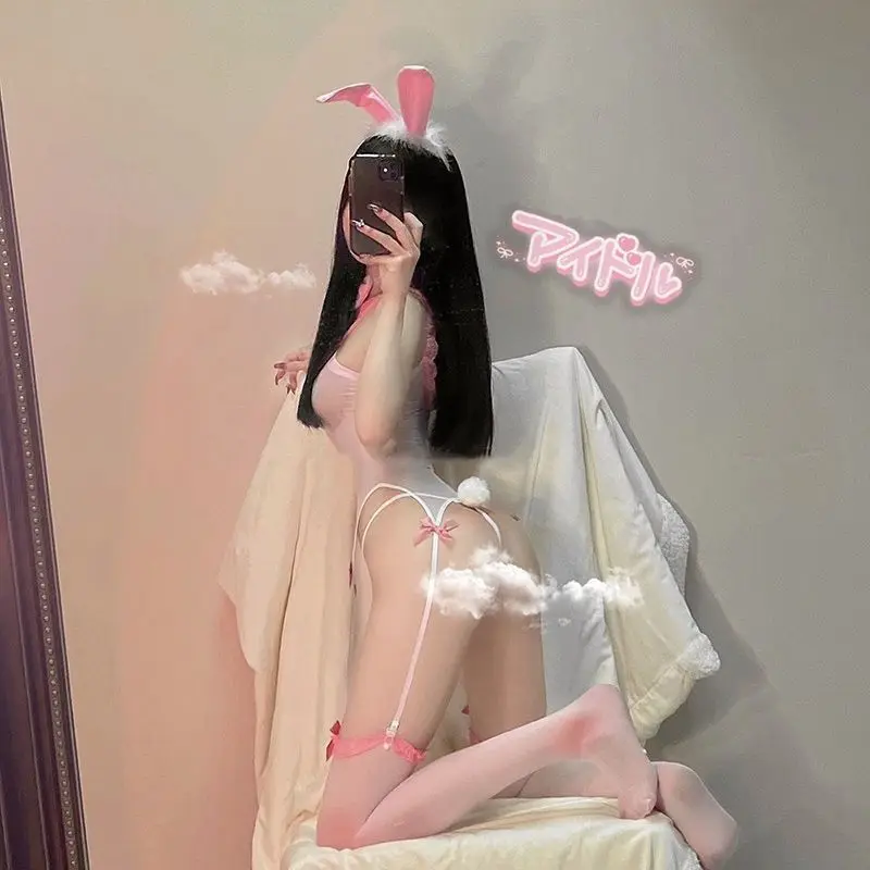 Women\'s Underwear See Through Bunny Girl Cosplay Costumes Lace Bow Cute Anime Rabbit Erotic Lingerie Sexy Mesh Jumpsuit Kawaii