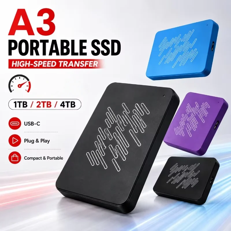New Portable A3 Series USB3.0 SSD External Hard Drive, 500GB 1TB 2TB 4TB Black Solid State Disk for Gaming Console & Office Gift
