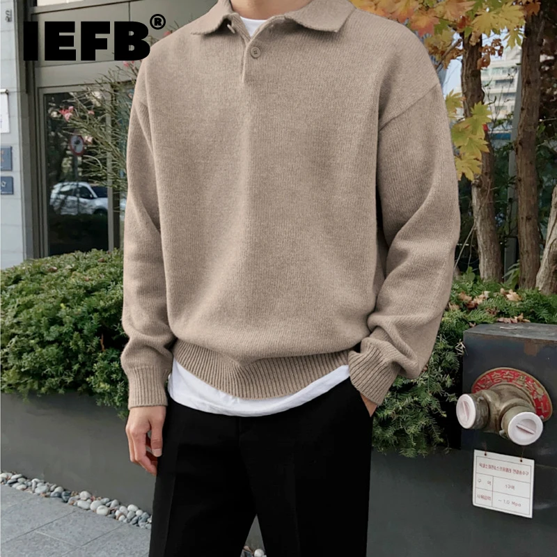 IEFB Korean Fashion Chic Lapel Pullover Knitting Tops Men\'s Autumn Winter New Loose Long Sleeve Sweater Vintage Kinttwear