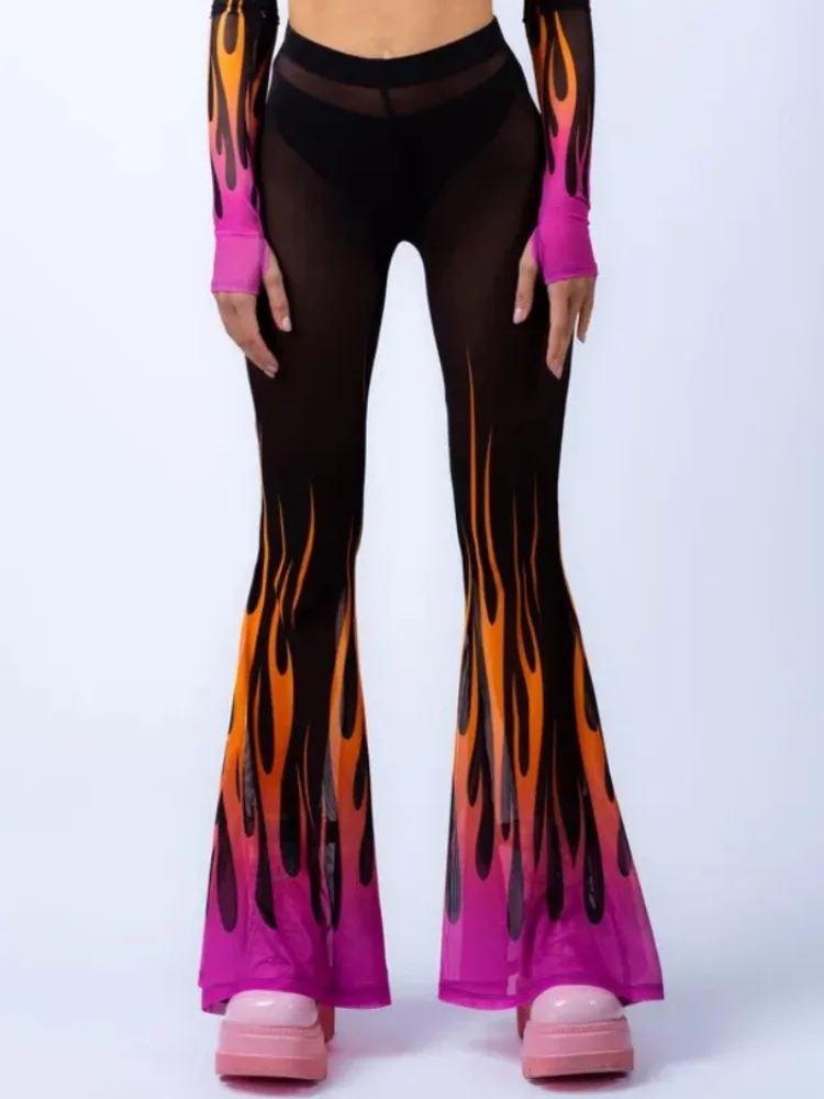 Retro Psychedelische Regenbogen-Leoparden-Schmetterlings-Flammen-Mesh-Druck Schlaghose mit hoher Taille, schmale Passform, Strick-Bell-Bottom-Hose – Detail 10