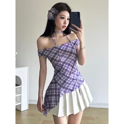 Y2k Aesthetic Vintage Sleeveless Plaid Blouse Women Summer Casual Sexy Lace-up Shirts Japanese Sweet Streetwear Irregular Tees