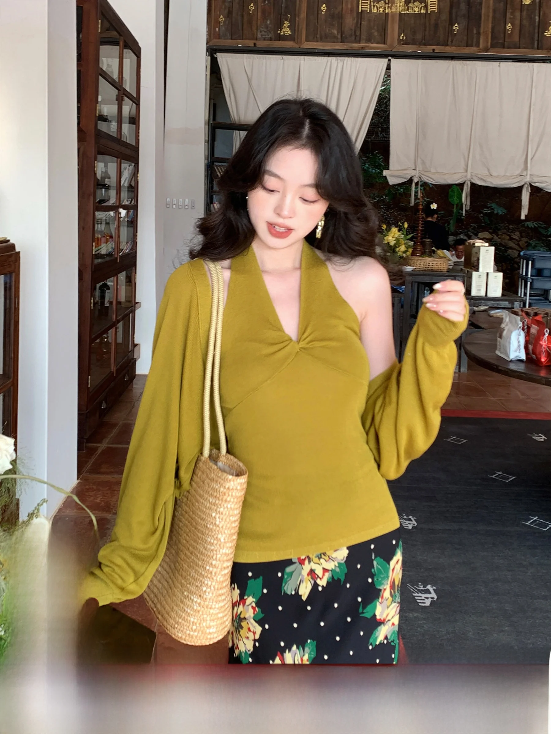 

Mulan Boat SYT Pure Color 00 Days Silk Loose Off-oulder Knitted Vest Cardigan Two-Piece Set Women's Faion Spring Outfit