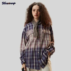 Women's Oversized Plaid Hooded Shirt Pure Cotton Blouses for Women Fashion 2023 Autumn High Quality Luxury Men's Vintage Shirt