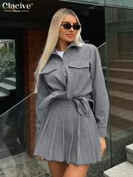 Clacive Fashion Loose Gray Office Women's Two Pieces Set 2025 Elegant Long Sleeve Shirt With High Waist Mini Skirt Set Female