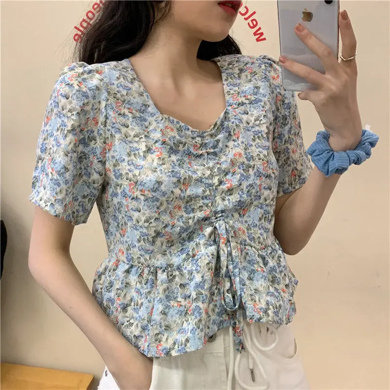 Clothing Short Sleeve Cute Women\'s Shirts and Blouses Kawaii Top for Woman Crop Floral with Bow Korean Style Modern Long Pretty