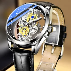 Reloj de pulsera doble transparente para hombre, cronógrafo mecánico de Tourbillon de imitación, con correa de cuero y cuarzo, diseño a la moda, 2023