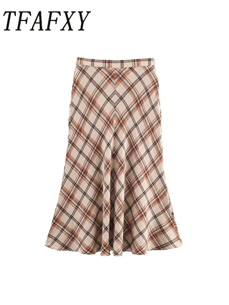 TFAFXY Autumn Women Vintage Printed Midi Skirt Fashion Plaid Elegant Party Long Skirt Lady High Street Casual Skirts Mujer ﻿