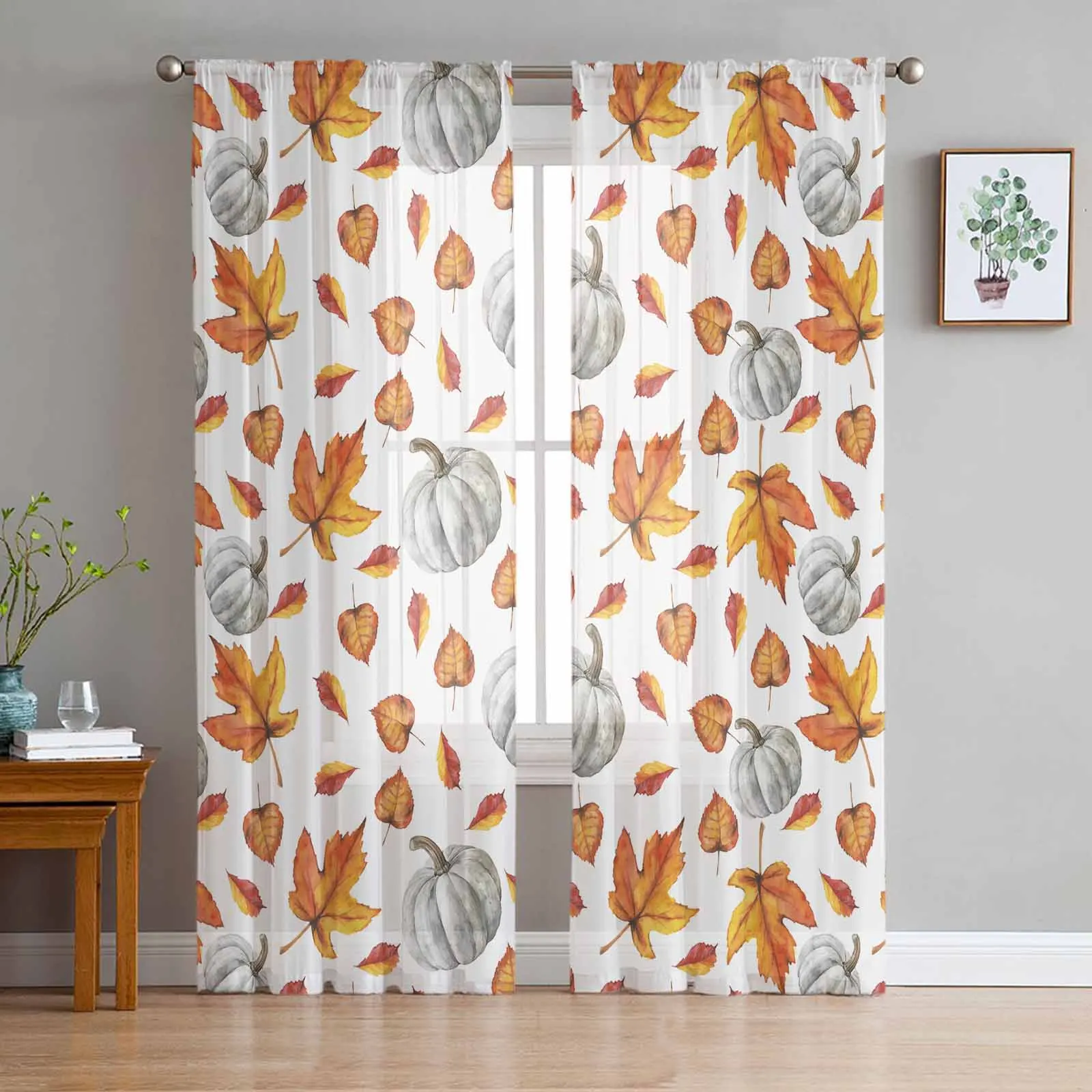 

Thanksgiving Watercolor Leaves Pumpkin Curtains Living Room Bedroom Kitchen Decoration Window Voiles Organza Tulle Curtain