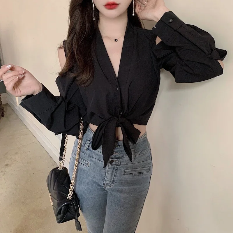 

Shirts Women Sexy Off Shoulder French Style Long-sleeve Vintage Slim Temperament Female Mature Casual All-match Crop Top Fashion