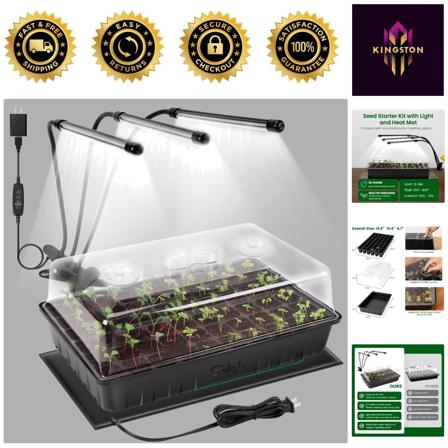 60-Cell Grow Light Seed Starter Kit with Waterproof Heat Mat & Humidity Control