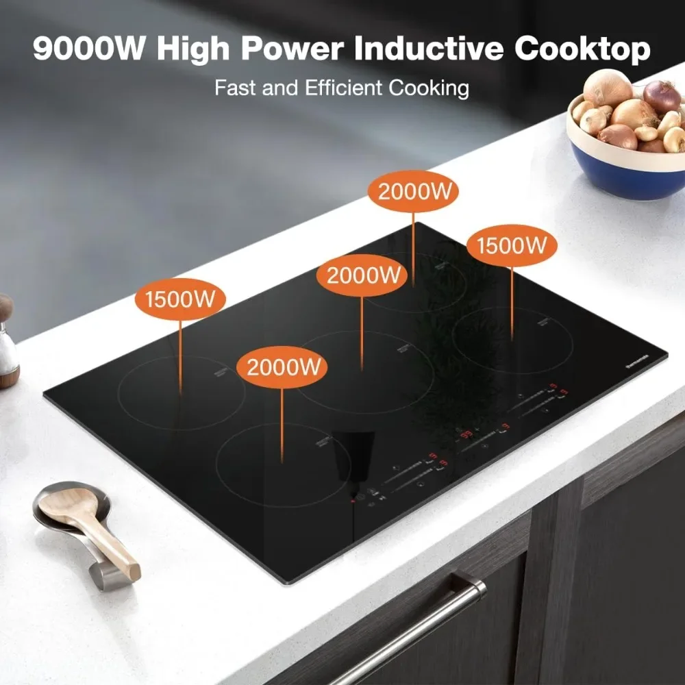 30 Inch Induction Cooktop, 9000W Built in Induction Stove Top, Electric Cooktop with 5 Boost Burner, 9 Heating Level,