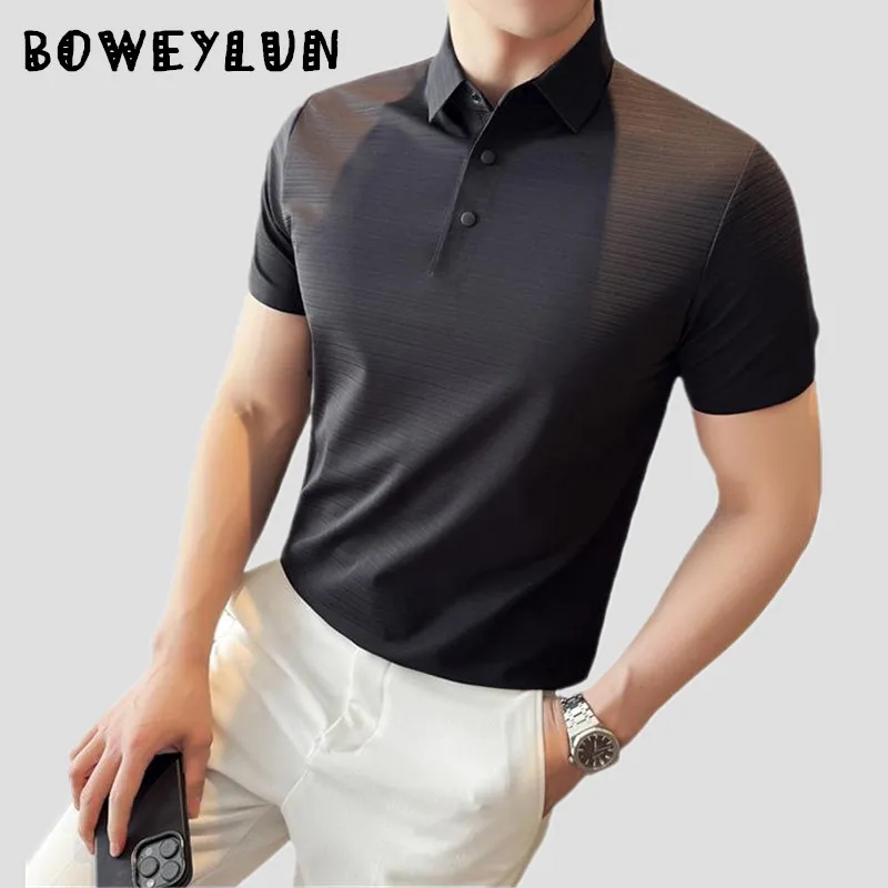 

BOWEYLUN Summer Ice Silk Short-sleeved Polo Shirt Men's Business Casual Horizontal Stripe Stretch Breathable Lapel T-shirt Male