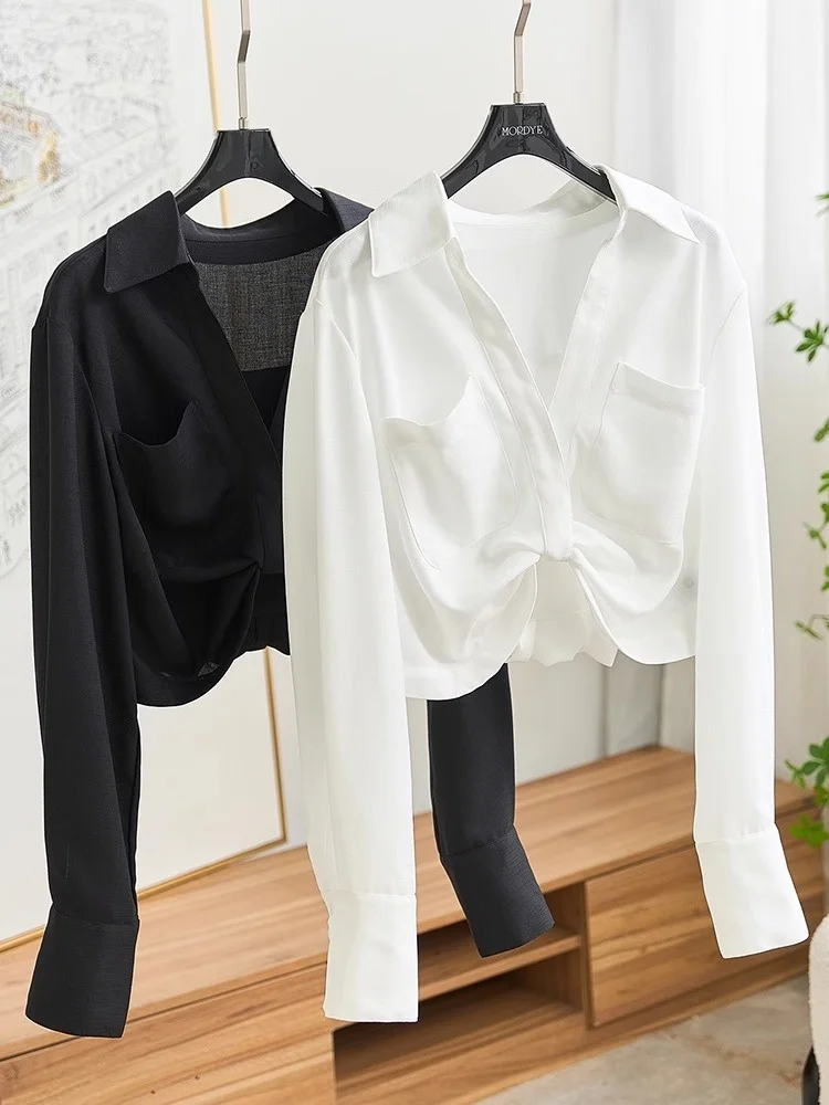 

! Линия талии действительно потрясающая! Женская деловая повседневная блузка с завязками на талии, белым воротником и длинными рукавами, из полиэстера