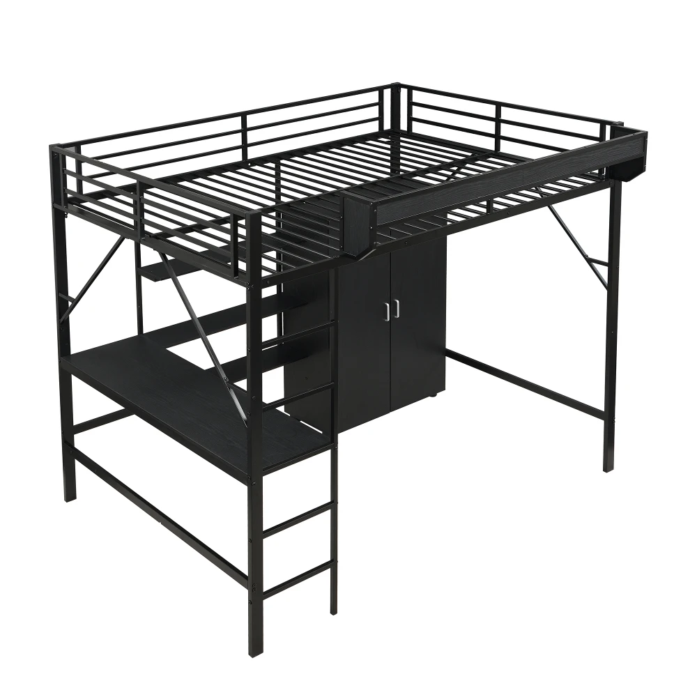 PINGGO Eisen-Hochbett mit Schreibtisch, Doppelstauraum, Kleiderschrank, Eisen-MDF, Schwarz, 140x200cm, ohne Matratze – Detail 12