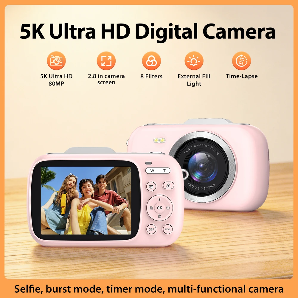 

Видеокамера 5K UHD с фотоаппаратом на 80 МП, экраном 2,8 дюйма, 18-кратным цифровым зумом, 8 фильтрами, вспышкой и подсветкой, циклической записью, замедленной съемкой, таймером