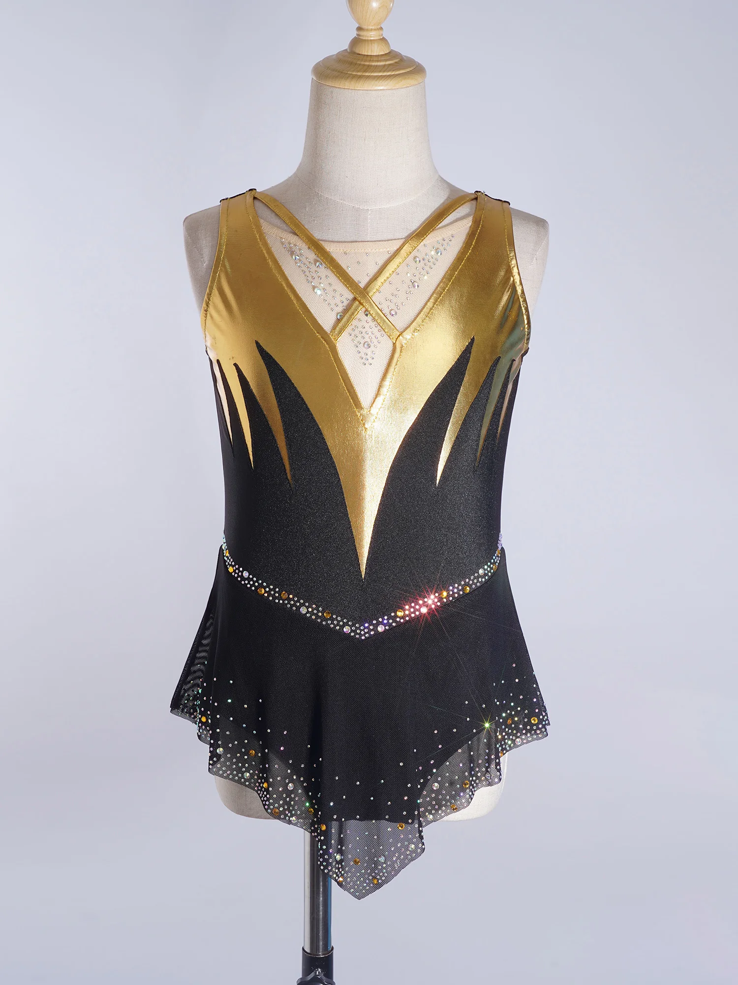 Kids Girls Figure Skating Lyrical Gymnastic Performance Costume Roller Skating Sleeveless Shiny Rhinestones Mesh Leotard Dress