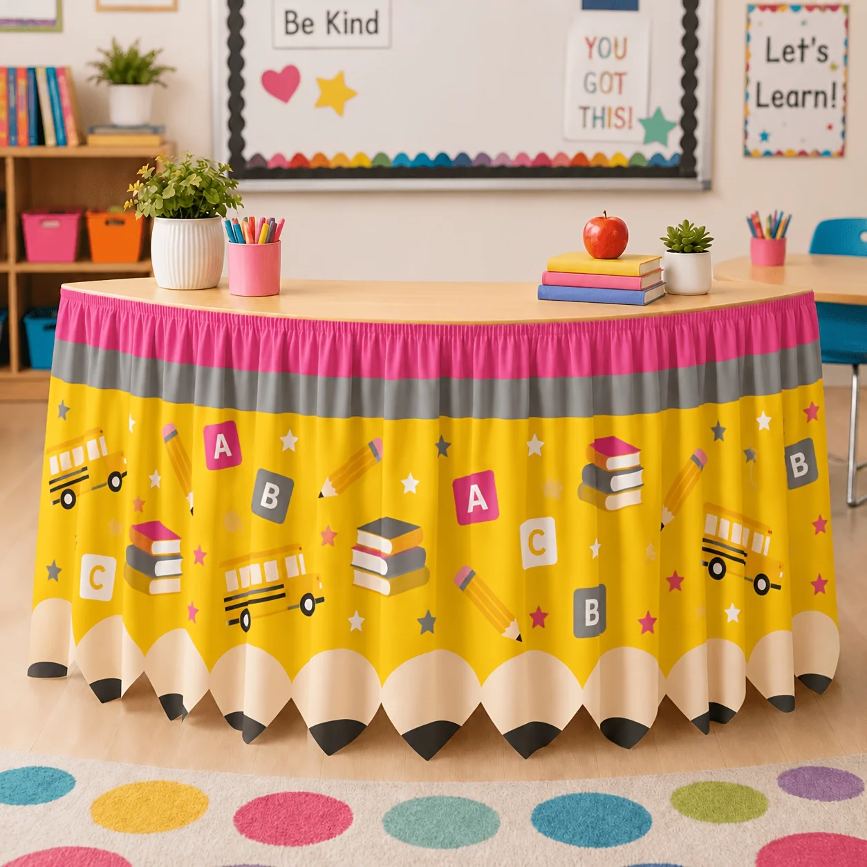 1tablecloth table skirt, back to school season, school bus ABC letters, book pen, star pattern, tablecloth, classroom decoration