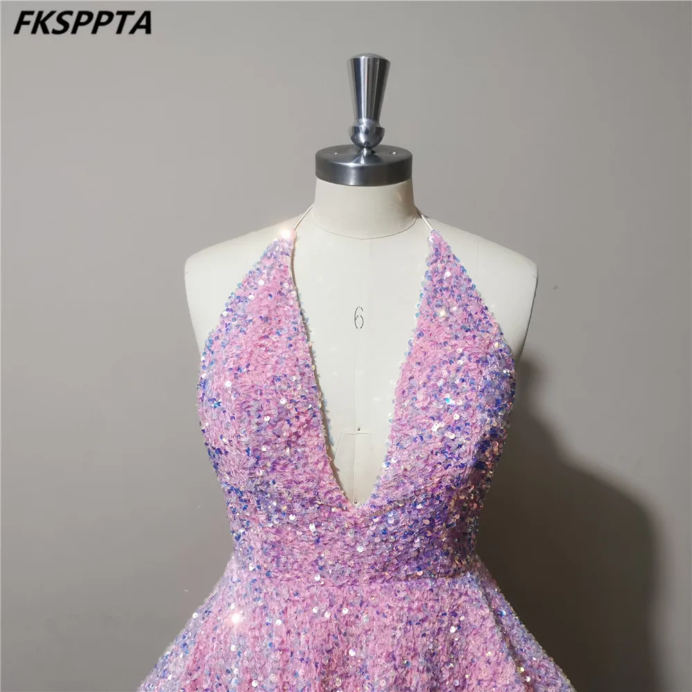 Vestidos De graduación cortos rosas sexys, falda escalonada con Espalda descubierta, lentejuelas estirables, vestidos De fiesta De cumpleaños para