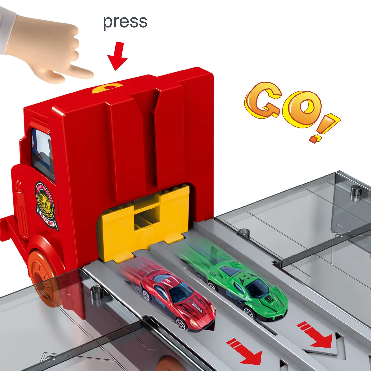 2M Składana tor wyścigowa z pojazdami, kontenerami do przechowywania, pojazdy z podwójną szyną, samochody inercyjne, 6 sztuk odlewanych modeli samochodów ze stopu, mini samochody, zabawka wyścigowa dla dzieci