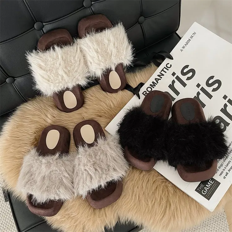 black ivory Real pictures Fur Slippers Women 2023 Sliders Casual Fox Hair Flat Fluffy Fashion Home Summer Furry Flip Flops Shoes