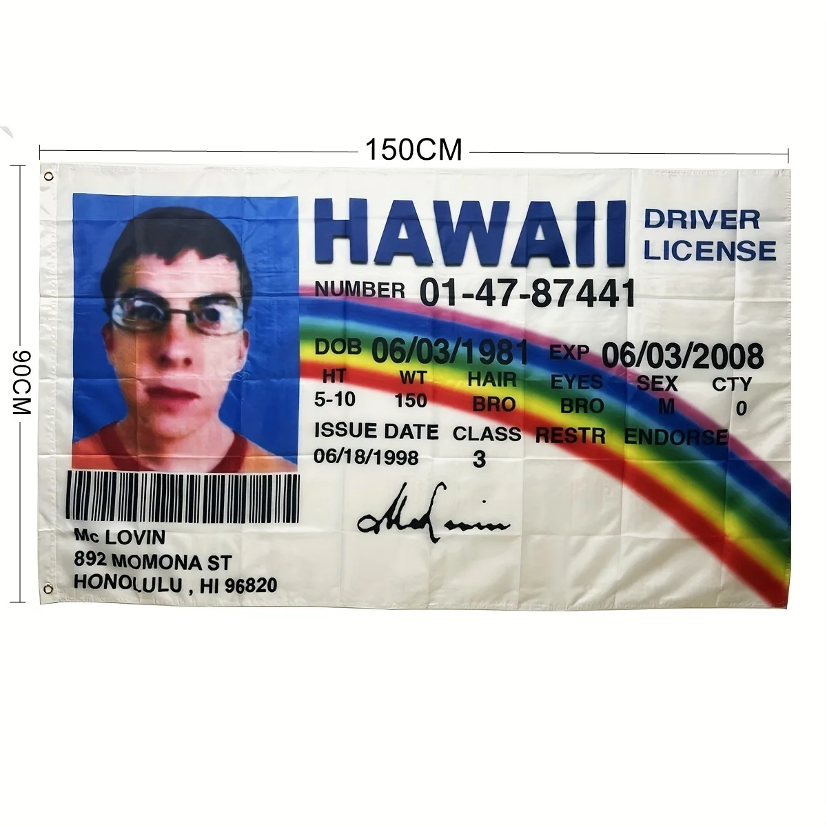 shipping Free Mclovin Flag 90x150cm Polyester Fake ID Driver License HAWAII Mclovin flags College Dorm Banner