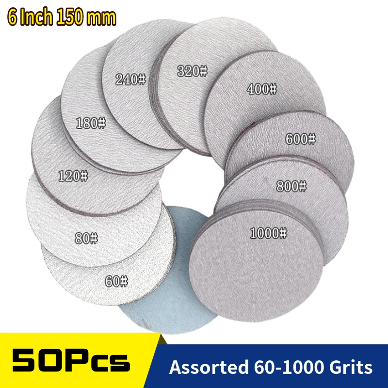 

6 Inch Sanding Discs Assorted 60-1000 Grit Aluminum Oxide Hook & Loop 150mm Sandpaper for Sander Grinder Polishing, 50-Pack