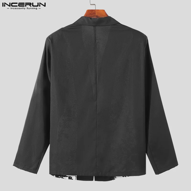 INCERUN Men Blazer Mesh Patchwork Lace Transparent Lapel Long Sleeve Casual Suits Men Streetwear 2024 One Button Fashion Coats