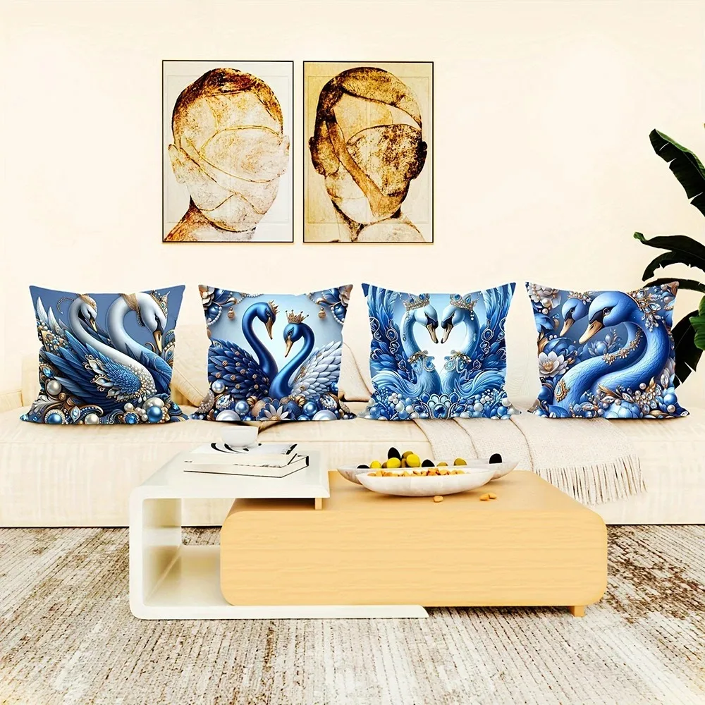 

Luxury Blue Swan Couple Pillowcase 2D Flat Printed Peach Skin Cushion Cover Jewelry Pearl Decor for Wedding Sofa Living Room