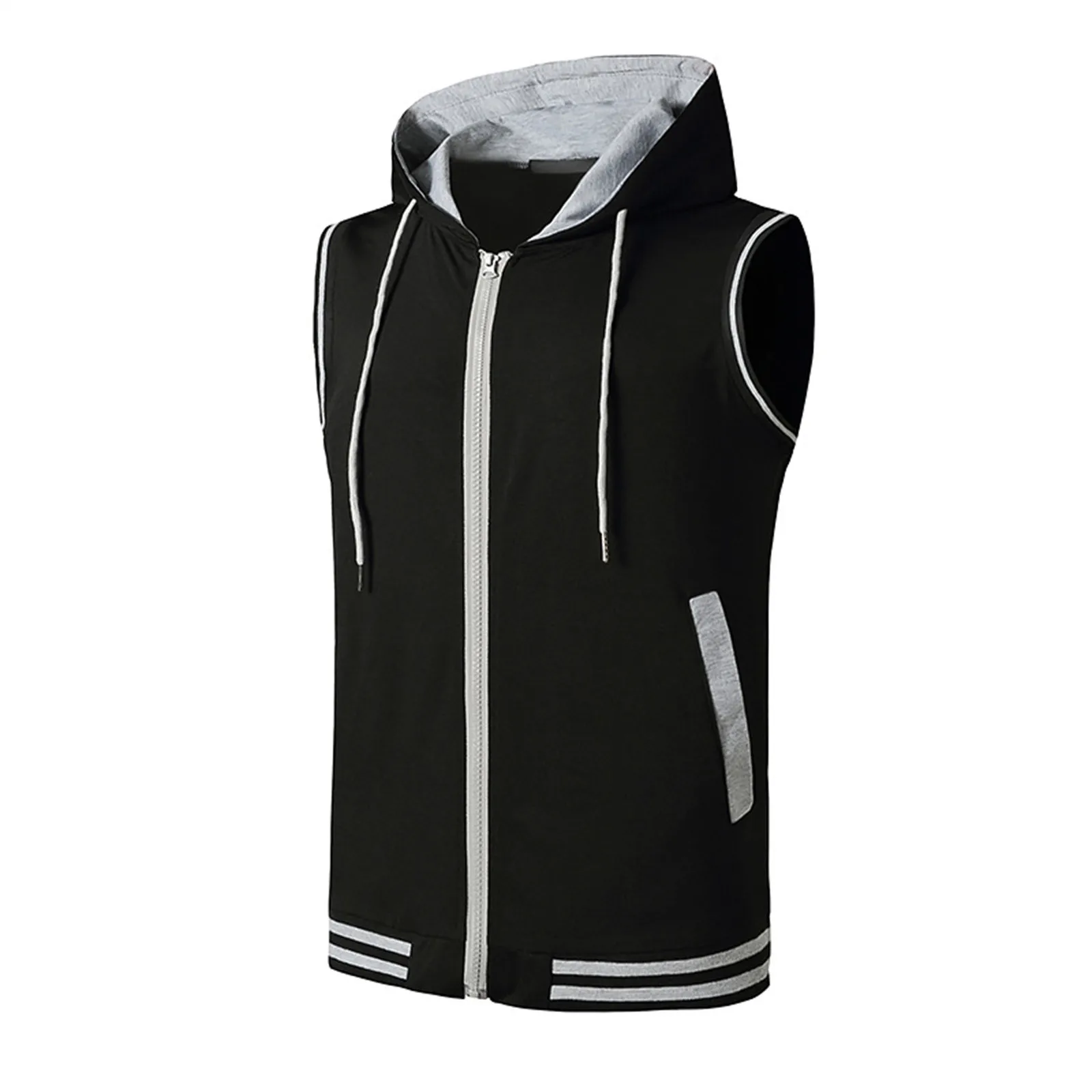 Mens Sleeveless Sweatshirt Zip Up Solid Color Hooded Tracksuit Vest With Pocket Spring Summer Fit Gym Bodybuilding Sports Hoodie