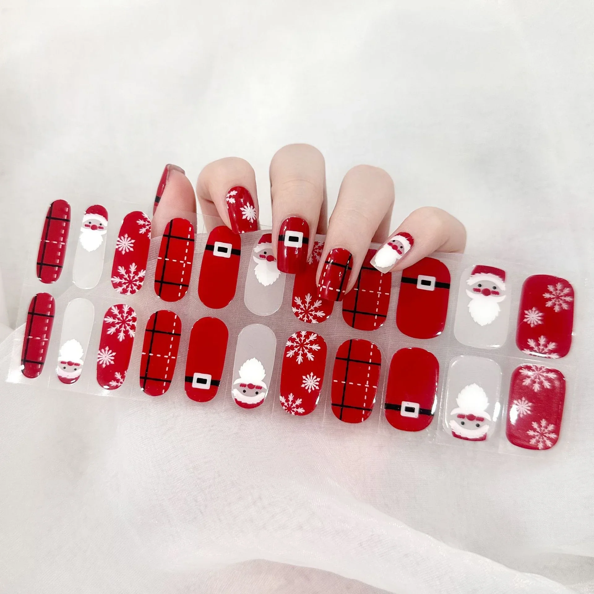 Christmas Nail Art Stickers Winter New Year Red Santa Claus Adhesive Semi-Cured Gel Nail Wraps Harden In UV Lamp Need