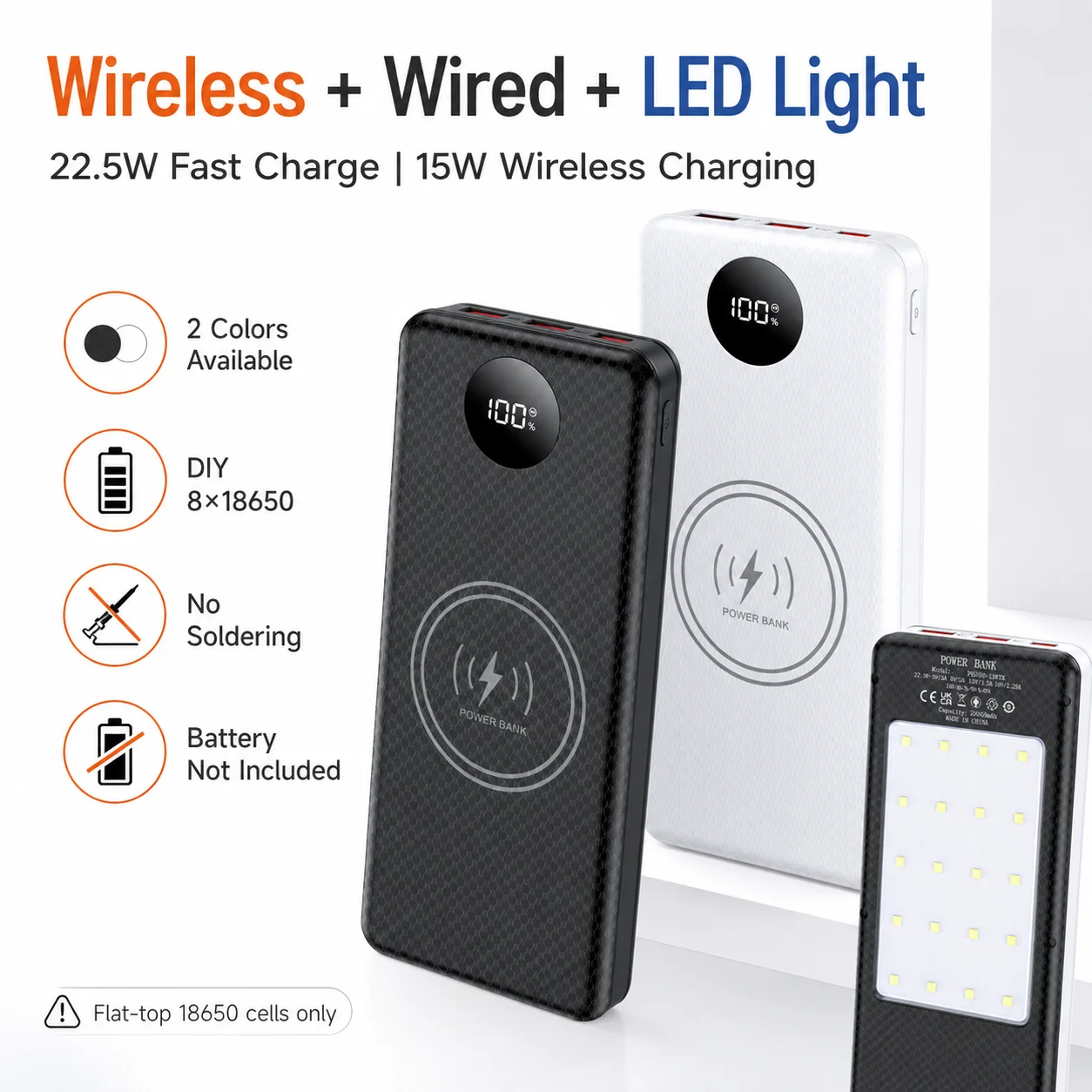DIY 18650 Power Bank Kit 8 Cell Battery Case No Soldering 22.5W Fast Charge Wireless Charger LED Lamp