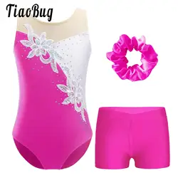 Kids Girls Ballet Dance Set Leotard Figure Skating Gymnastics Outfit Acrobatics Bodysuit Sleeveless Catsuit Shorts and Hair Band