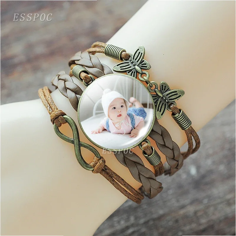 Custom Photo Bangles Bracelet Steampunk Braided Snap Button Black Bronze Leather Bracelets Personalized Gift for Friends Jewelry