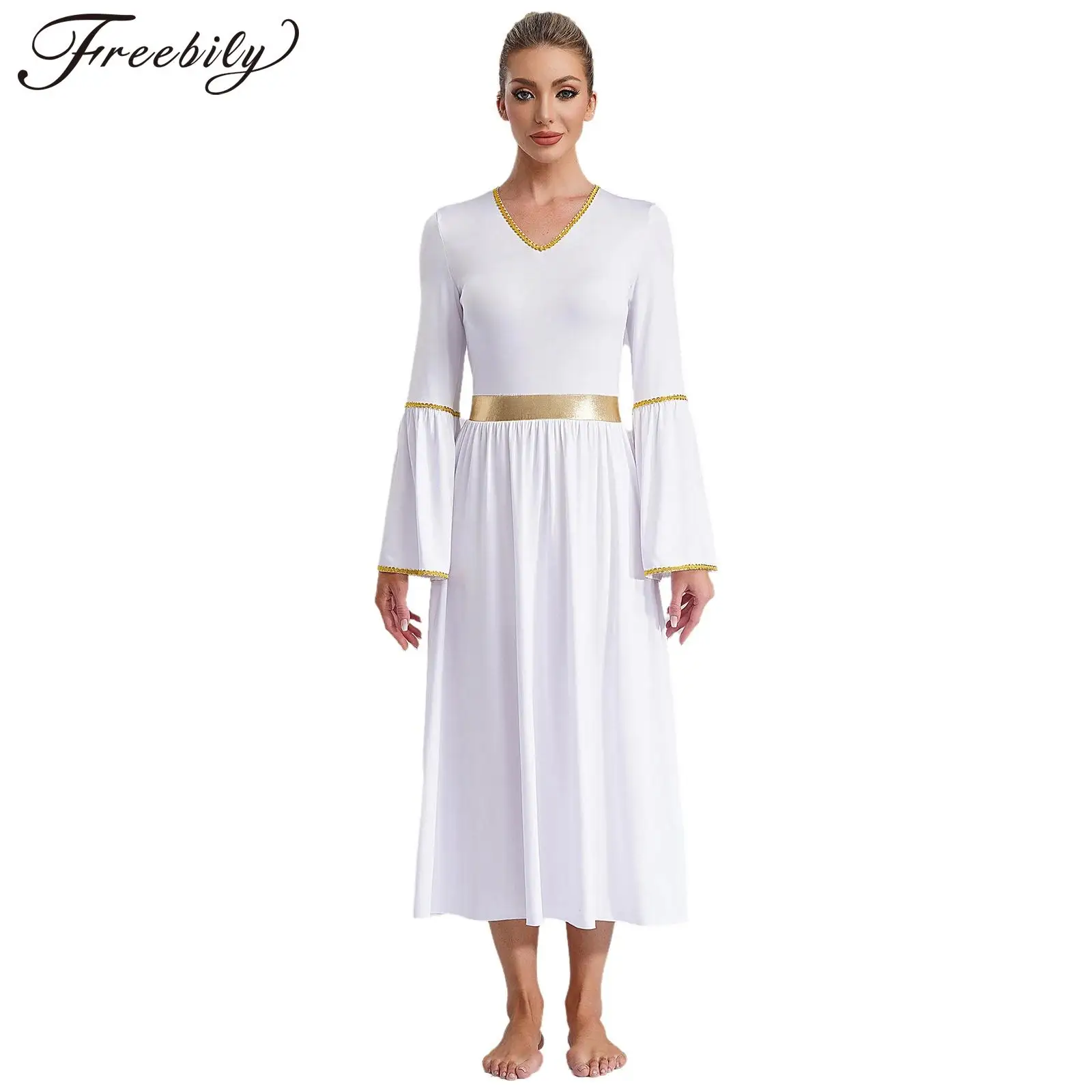 Women Halloween Angel Cosplay Costume Long Sleeve Gold Trim Dress Church Choir Worship Liturgical Gown for Theme Party Carnival