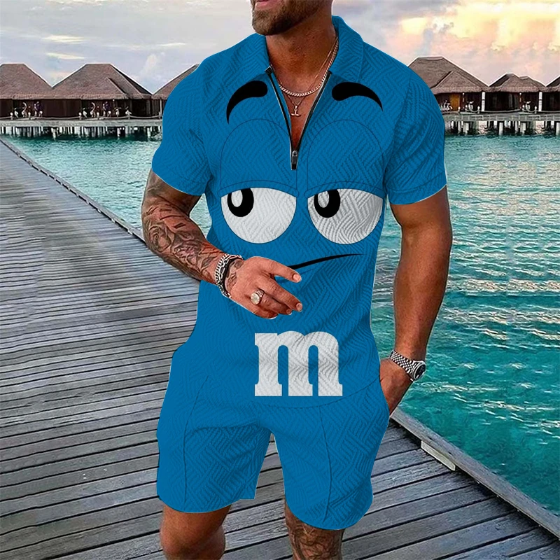 Conjunto divertido con estampado de M&M para hombre, conjunto de moda con camiseta polo de manga corta con cremallera + pantalones cortos, conjunto de 2 piezas, traje de verano estilo hip hop urbano.