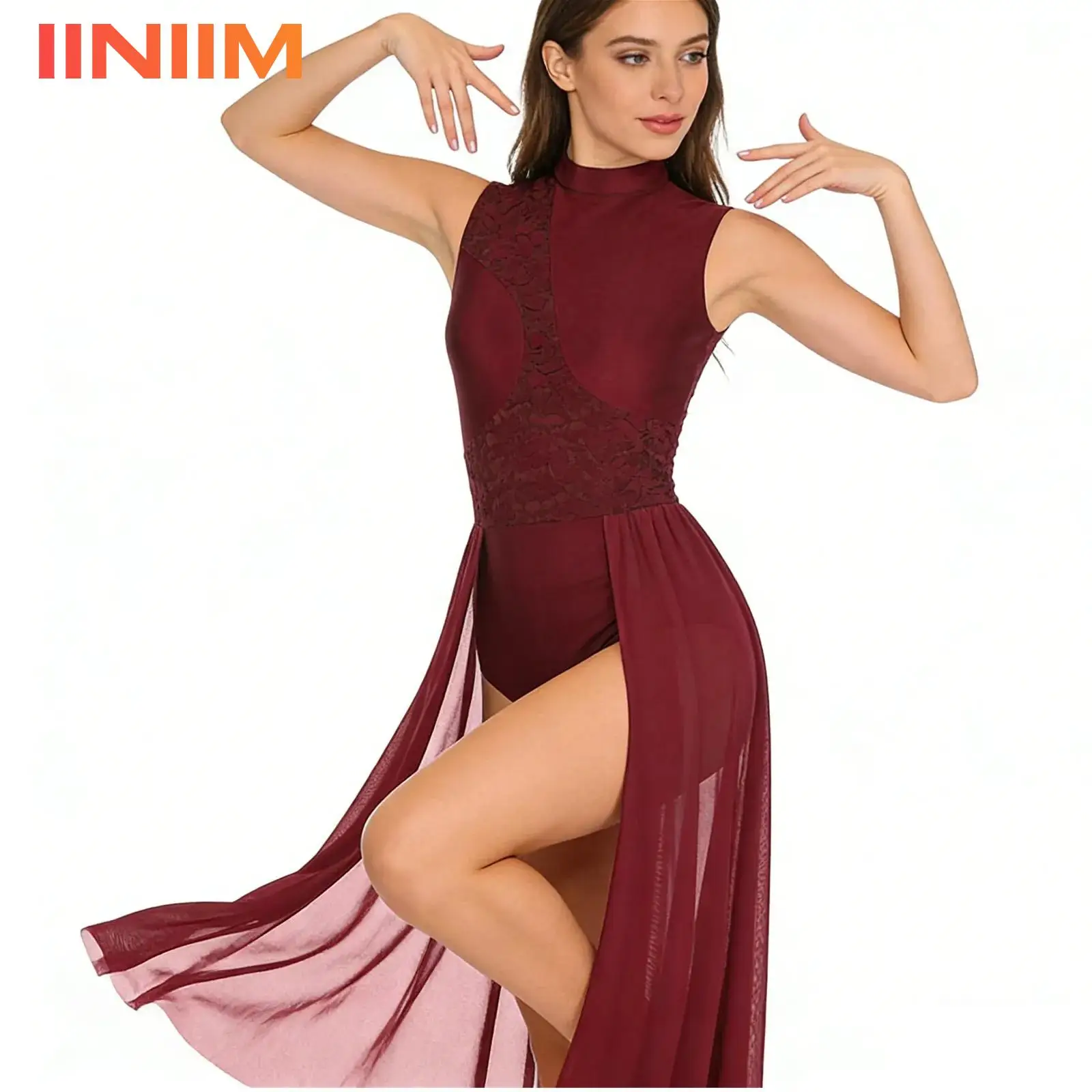

Women Lace Patchwork Ballet Lyrical Dance Gown Dress Costume High Neck Sleeveless Contemporary Dance Dress Performance Outfit