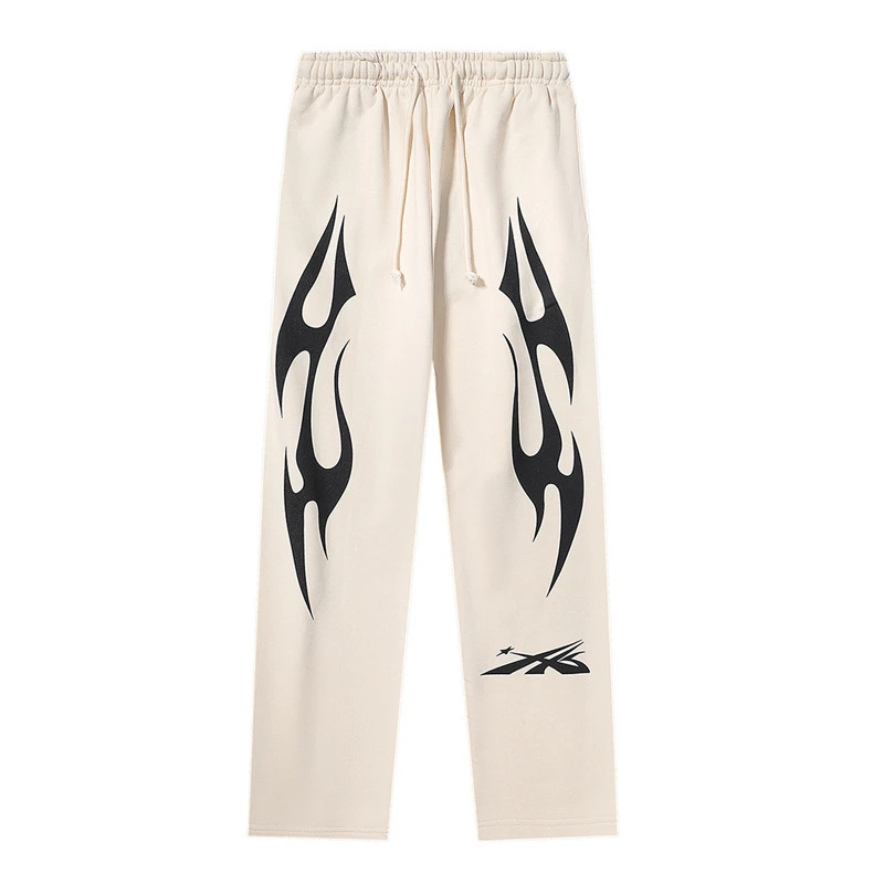 Sports Sweatpants Cream Flame Print Loose Straight Leg Casual Sweatpants for Men Women hip hop pants
