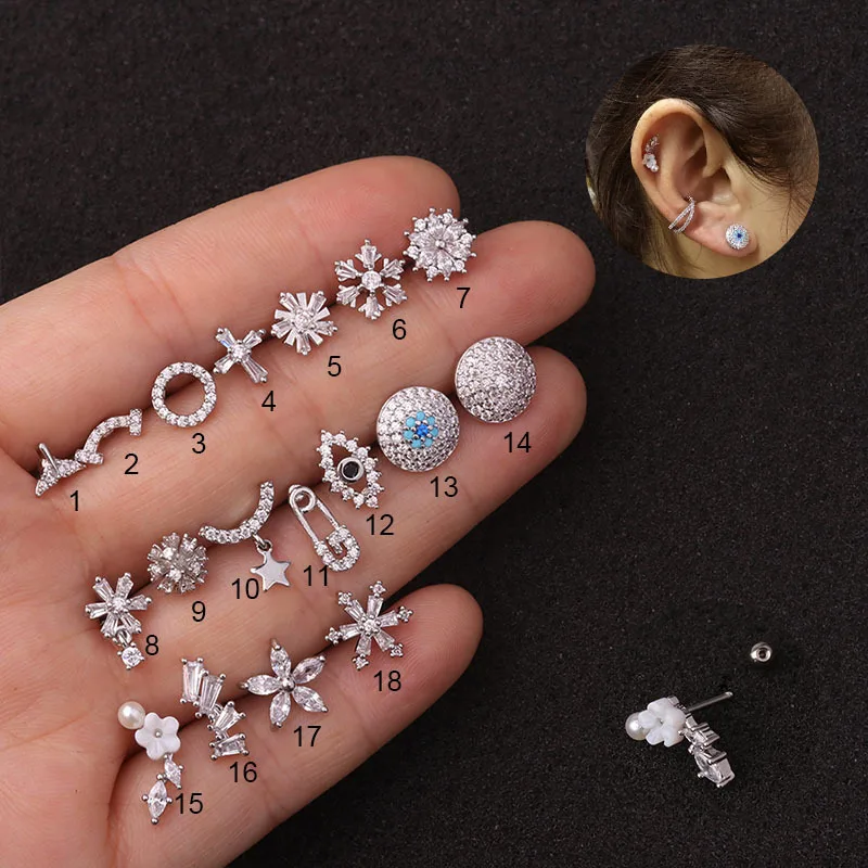 20G Floral Surgical Stainless Steel Cubic Zircon Ear Stud Earrings, Gold/Silver Plated Earring for Sensitive Ear Cartilage Helix