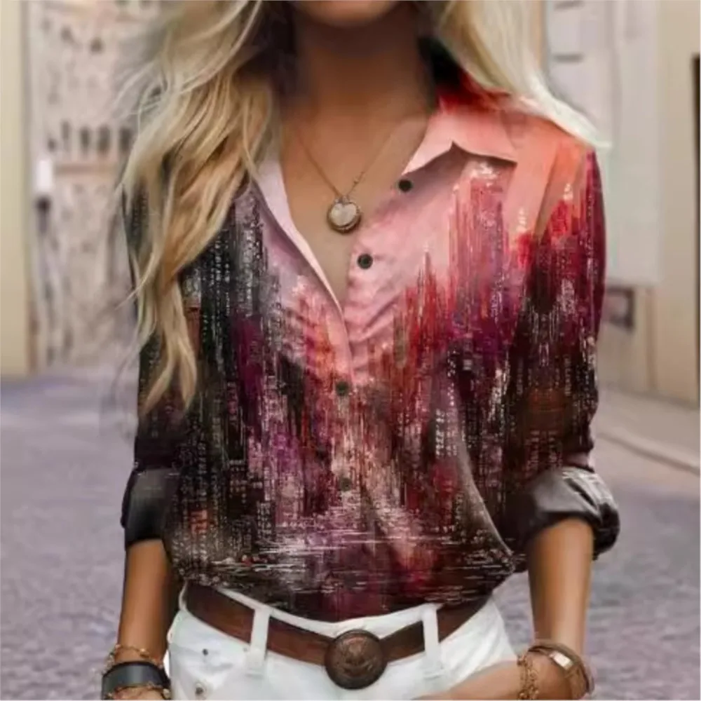 Loose Lapel Button Up Shirt 2024 Creative Printing 3D Digital Print Shirt Tops Casual Trend Long Sleeved Women\'s Blouse Camisas